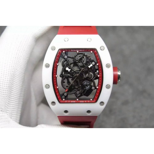 Richard Mille RM055 Real White Ceramic VKF Red Inner Bezel Skeleton Dial on Red Rubber Strap MIYOTA8215