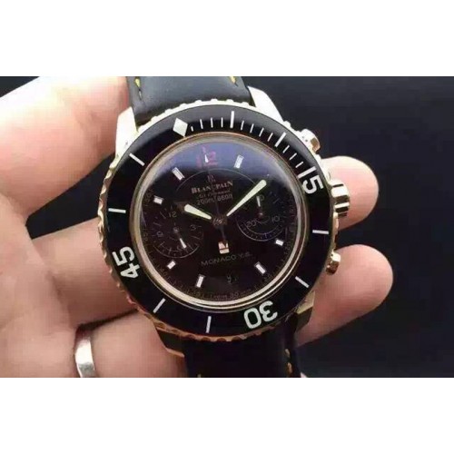 Blancpain Fifty Fathoms Chrono RG Black Monaco Dial on Black Leather Strap A7750