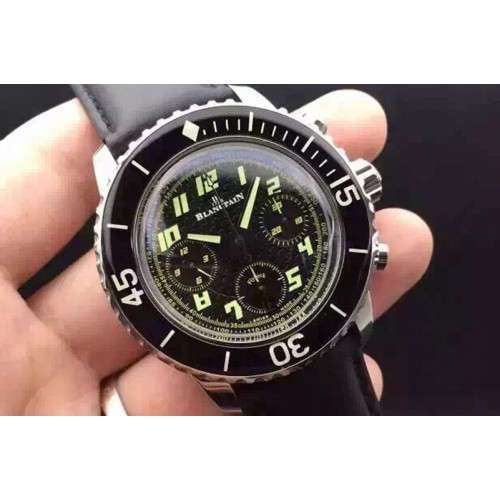 Blancpain Fifty Fathoms Chrono SS Black Dial Arabic Numerals Marker on Black Leather Strap A7750