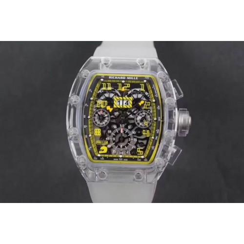 Richard Mille RM011 Transparent Case Yellow/Black Bezel Skeleton Dial on White Rubber Strap A7750