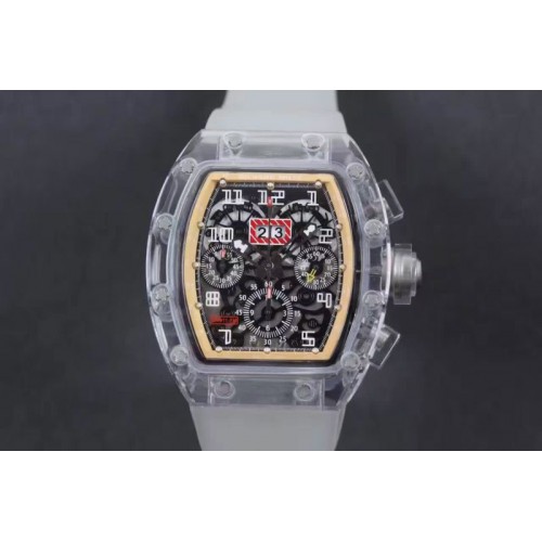 Richard Mille RM011 Transparent Case RG/Black Bezel Skeleton Dial on White Rubber Strap A7750