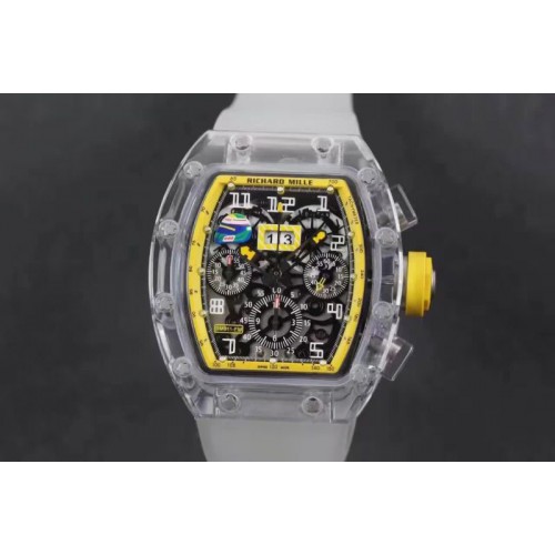 Richard Mille RM011 Transparent Case Yellow Bezel Skeleton Dial on White Rubber Strap A7750