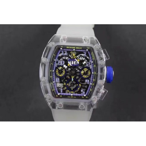 Richard Mille RM011 Transparent Case Black/Blue Bezel Skeleton Dial on White Rubber Strap A7750 Richard Mille RM011 Transparent Case Black/Blue Bezel Skeleton Dial on White Rubber Strap A7750