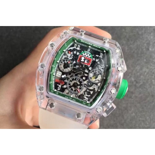 Richard Mille RM011 Transparent Case Green Bezel Skeleton Dial on White Rubber Strap A7750 Richard Mille RM011 Transparent Case Green Bezel Skeleton Dial on White Rubber Strap A7750