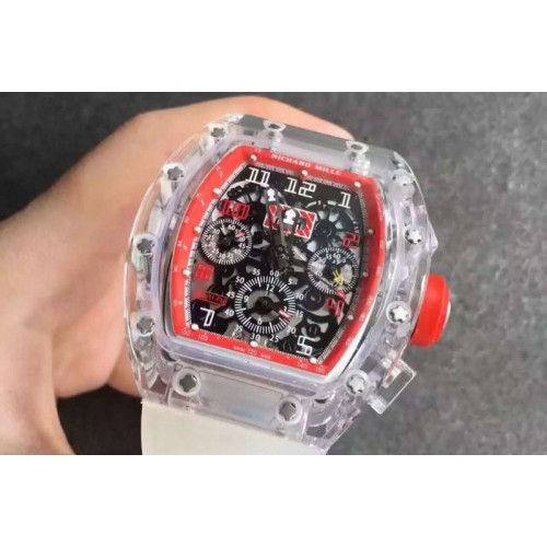 Richard Mille RM011 Transparent Case Red/White Bezel Skeleton Dial on White Rubber Strap A7750