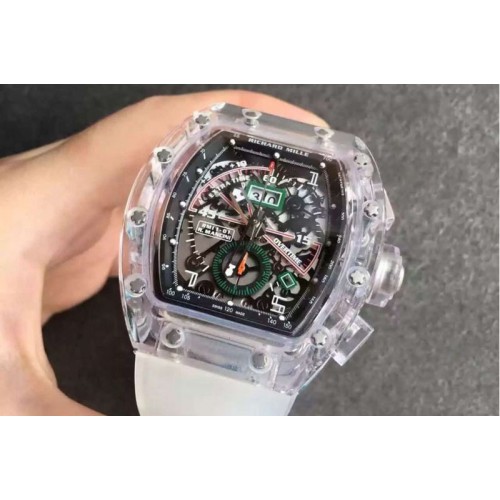 Richard Mille RM011 Transparent Case Black/Green Bezel Skeleton Dial on White Rubber Strap A7750 Richard Mille RM011 Transparent Case Black/Green Bezel Skeleton Dial on White Rubber Strap A7750
