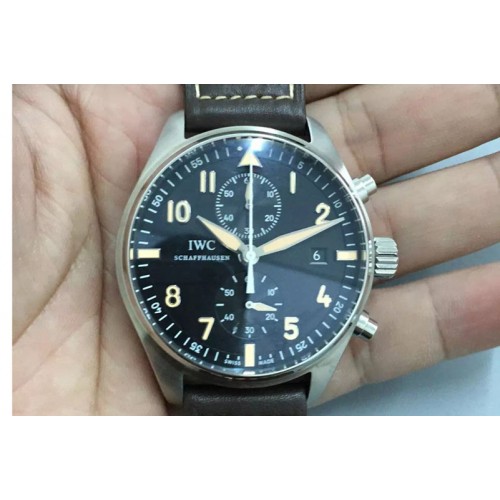IWC Pilot Chrono SS 387808 Black Dial on Brown Leather Strap A7750
