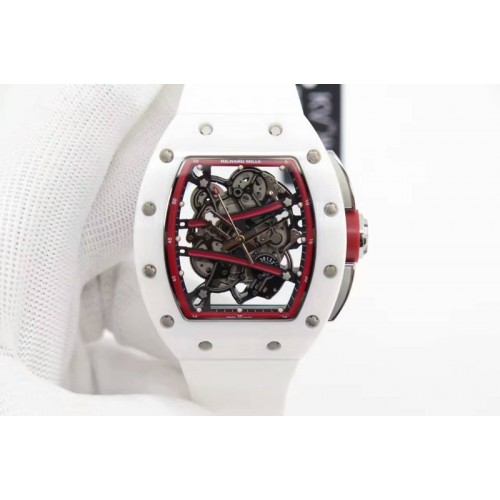 Richard Mille RM061 Real White Ceramic KVF Red Inner Bezel Skeleton Dial on Black Rubber Strap MIYOTA8215