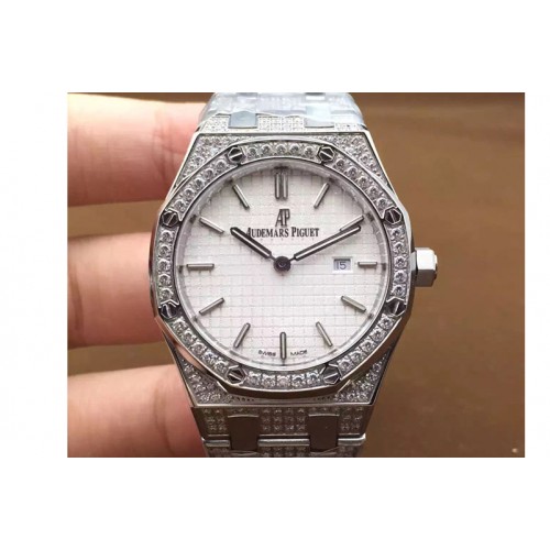 Lady Audemars Piguet Royal Oak 33mm Full Diamond Case SS White Face Swiss Quartz