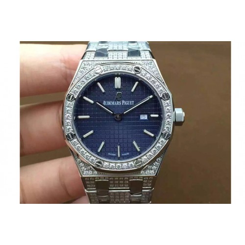 Lady Audemars Piguet Royal Oak 33mm Full Diamond Case SS Blue Face Swiss Quartz