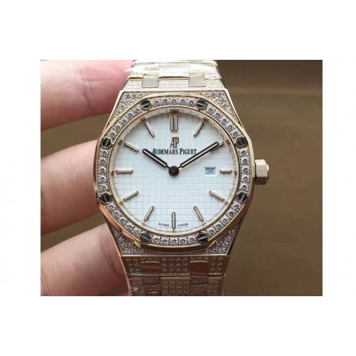 Lady Audemars Piguet Royal Oak 33mm Full Diamond Case RG White Face Swiss Quartz