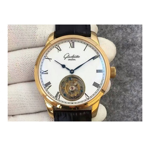 Glashutte Original Senator Excellence Tourbillon YG White Dial on Black Leather Strap
