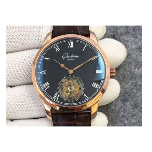 Glashutte Original Senator Excellence Tourbillon RG Black Dial on Brown Leather Strap