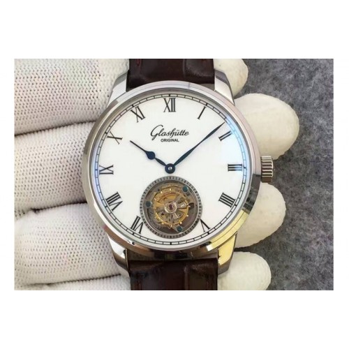 Glashutte Original Senator Excellence Tourbillon SS White Dial on Black Leather Strap