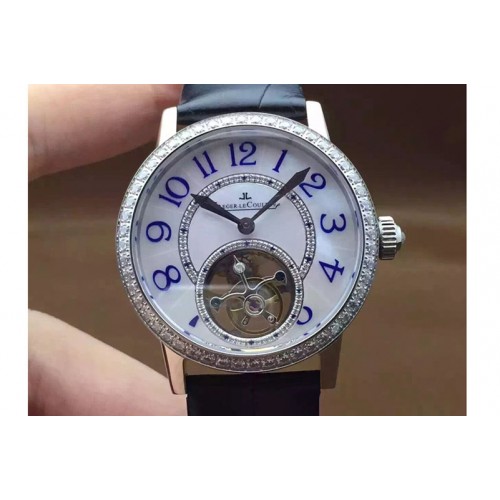 Ladies Jaeger-LeCoultre 35mm Rendez-Vous Tourbillon RG TF Best Edition Diamonds Steel Case White Dial on Genuine Croco Leather S