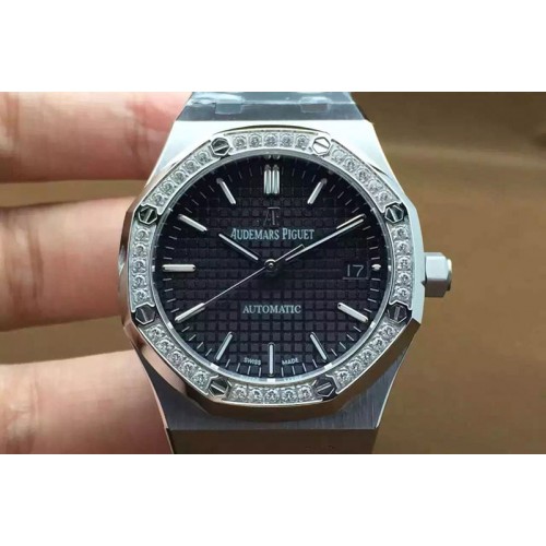 Audemars Piguet Royal Oak 37mm 15450 Lite Black Dial Diamond Bezel  on SS Bracelet A3120