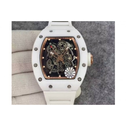 Richard Mille RM055 White Ceramic KVF RG Inner Bezel Skeleton Dial on White Rubber Strap MIYOTA8215