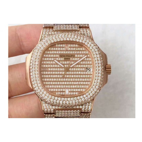 Patek Philippe Nautilus Jumbo 5719/1G-001 RG Best Edition Diamond Dial on Diamond Bracelet Cal.324sc