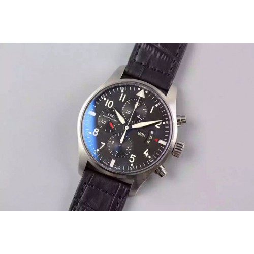 IWC Pilot Chrono 3777 43mm ZF 1:1 Best Edition Black Dial on Black Leather Strap A7750