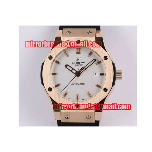 Hublot Big Bang Classic Fusion 45mm RG White Dial SS Bezel on Black Rubber Strap