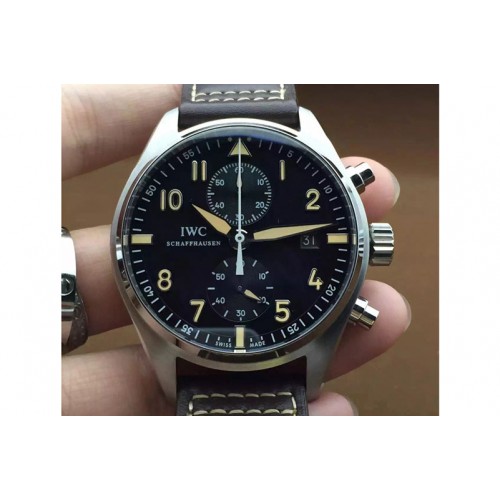 IWC Pilot Chrono SS IW387808 1:1 Best Edition Black Dial on Brown Leather Strap A7750 V2
