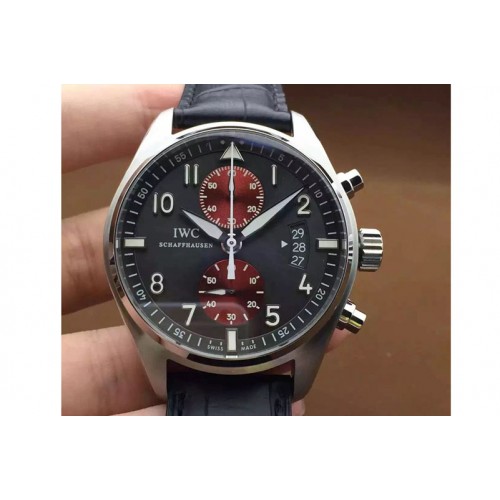 IWC Pilot Chrono SS 3878 Silver/Red Dial on Black Leather Strap A7750 V2