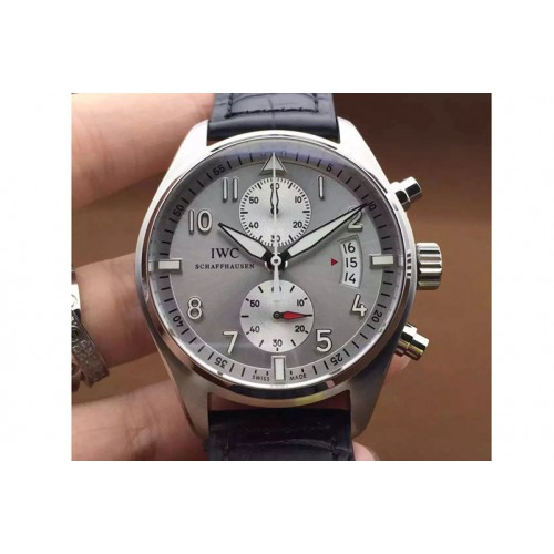 IWC Pilot Chrono SS 3878 Gray Dial White Sub Dials on Black Leather Strap A7750 V2