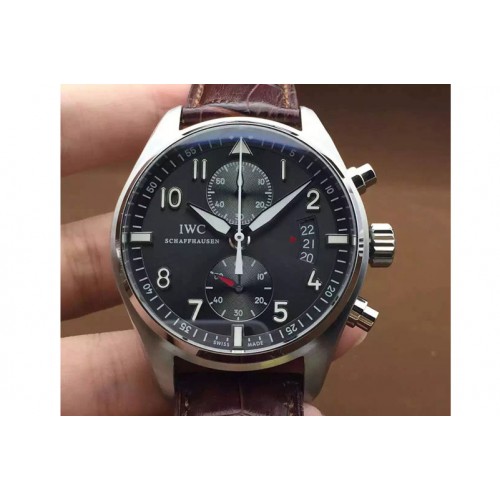 IWC Pilot Chrono SS 3878 Gray Dial on Black Leather Strap A7750 V2