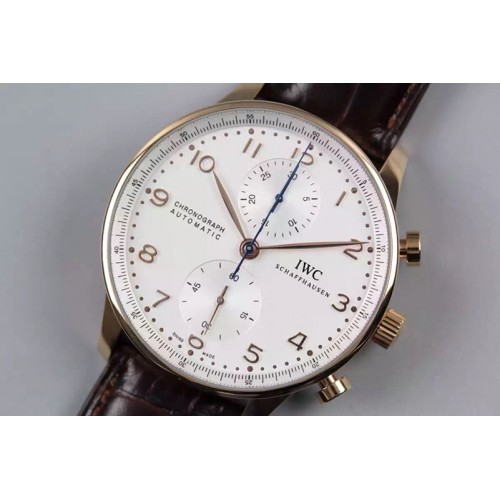 IWC Portuguese Chronograph Automatic RG White Dial on Black Leather Strap A7750