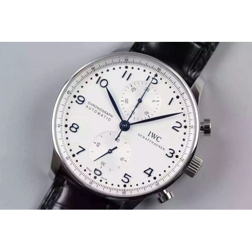 IWC Portuguese Chronograph Automatic SS White Dial Blue Markers on Black Leather Strap A7750