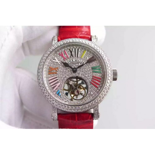 Franck Muller Color Dreams Tourbillon SS Diamond Roman Numerals Markers on Black Croco Leather Strap