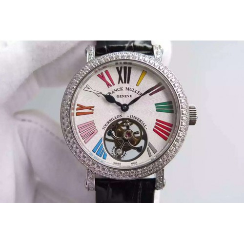 Franck Muller Color Dreams Tourbillon SS Diamond Bezel Roman Numerals Markers on Black Croco Leather Strap