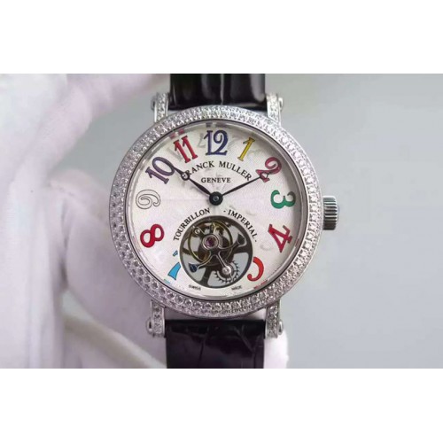 Franck Muller Color Dreams Tourbillon SS Diamond Bezel Arabic Numerals Markers on Black Croco Leather Strap