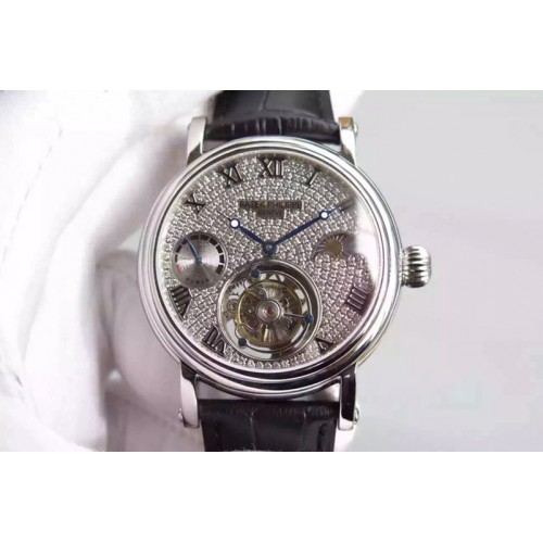 Patek Philippe Classic Tourbillon SS  Full Diamond Dial on Black Leather Strap
