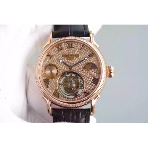 Patek Philippe Classic Tourbillon RG Full Diamond Dial on Black Leather Strap
