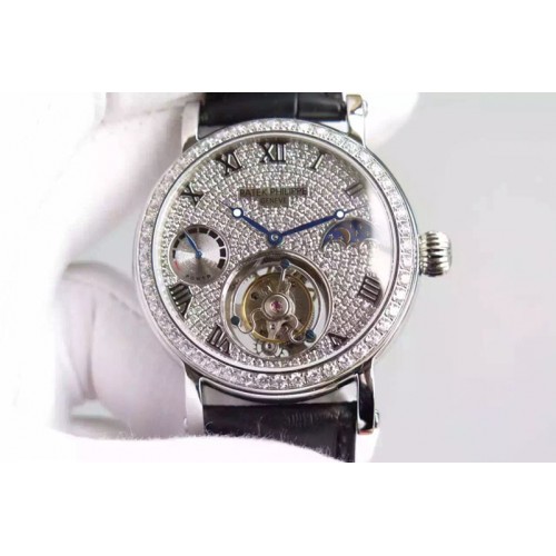 Patek Philippe Classic Tourbillon SS  Diamond Bezel Full Diamond Dial on Black Leather Strap