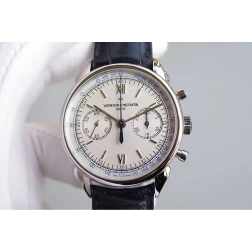 Vacheron Constantin Patrimony Traditionnelle Chrono SS White Silver Dial on Blue Leather Strap Manual Winding Chrono Movement