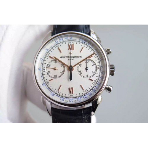 Vacheron Constantin Patrimony Traditionnelle Chrono SS White RG Dial on Blue Leather Strap Manual Winding Chrono Movement