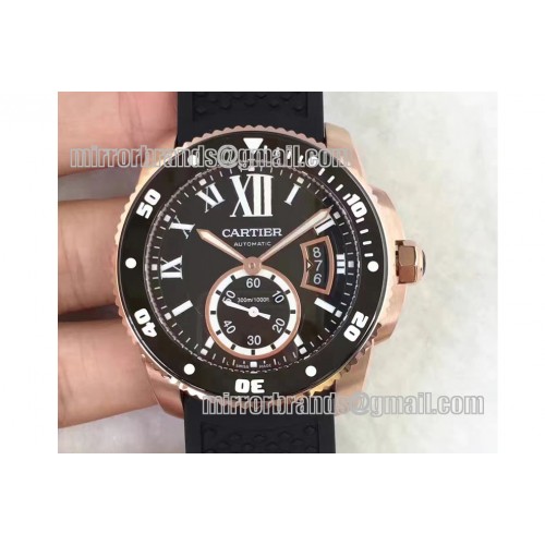 Calibre De Cartier Diver Black RG TF 1:1 Best Edition on Blue Rubber Strap A23J