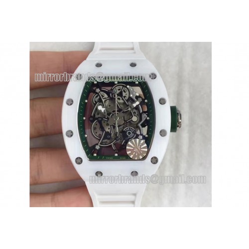 Richard Mille RM055 White Ceramic Green Inner Bezel Skeleton Dial on White Rubber Strap MIYOTA8215