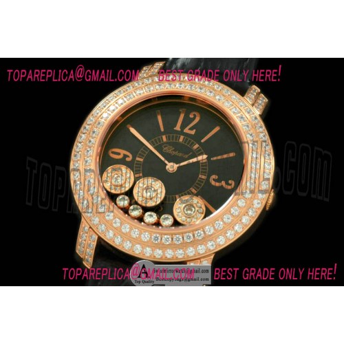 Chopard Happy Sports Ladies Rose Gold Leather Black Swiss Quartz Replica Watches