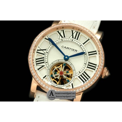 Cartier Ronde de Cartier Tourbillon Rose Gold Leather White Asian 2813 Replica Watches