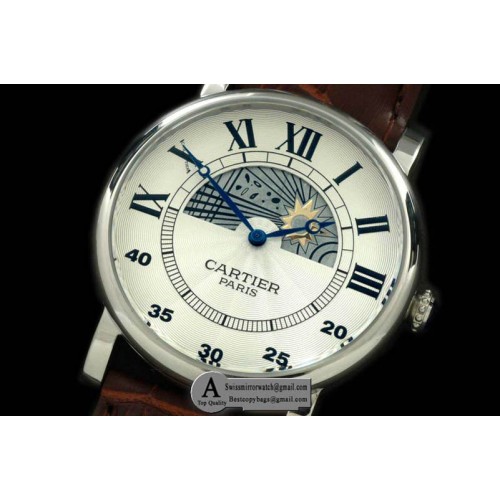 Cartier Ronde De Cartier Day Phase SS Leather White Jap Quartz Replica Watches