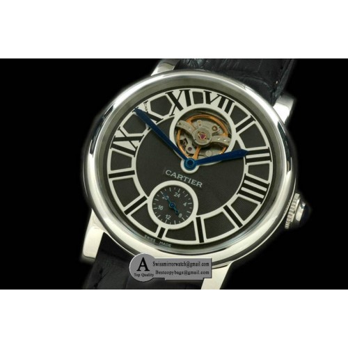 Cartier Ronde De Cartier Tourbillon SS Leather Black Asian 2813 Replica Watches