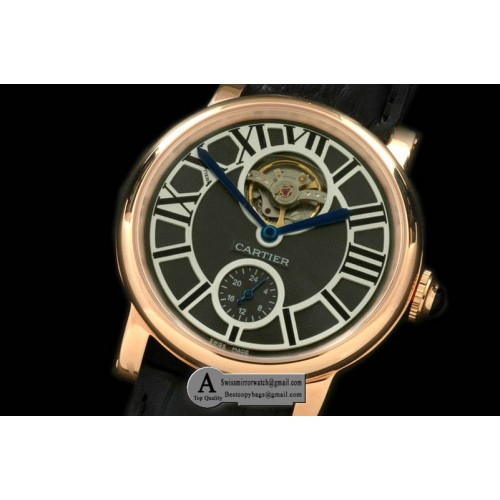 Cartier Ronde De Cartier Tourbillon Rose Gold Leather Black Asian 2813 Replica Watches