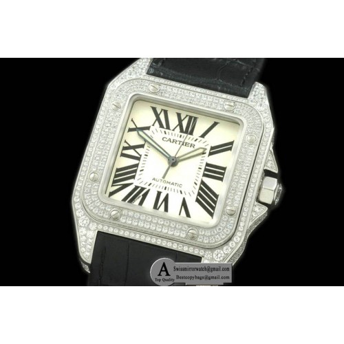 Cartier Santos 100 Men SS/Leather White Swiss Eta 2892 Orig Replica Watches