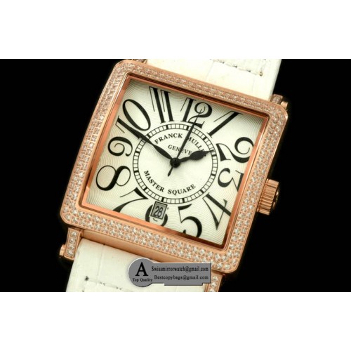 Franck Muller Men Master Square Rose Gold Leather White Diamond Jap Quartz