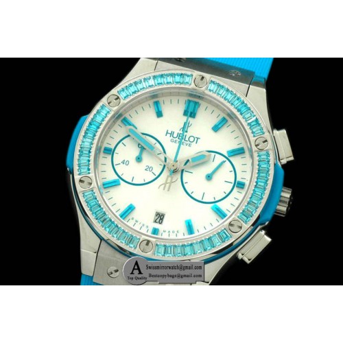 Hublot Ladies Classic Fusion Chrono SS Rubber White Blue Jap Qtz Replica Watches