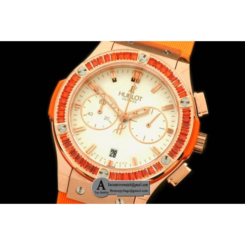 Hublot Ladies Classic Fusion Chrono Rose Gold Rubber White Orange Jap Qtz Replica Watches
