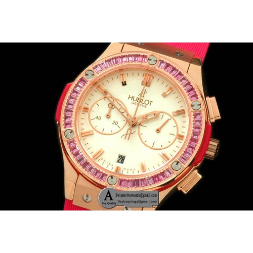 Hublot Ladies Classic Fusion Chrono Rose Gold Rubber White Pink Jap Qtz Replica Watches
